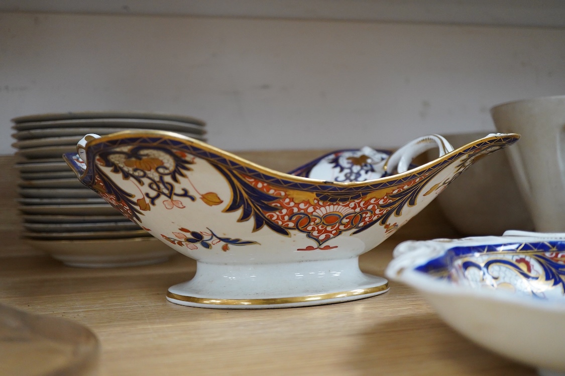 An early 19th century Derby Imari porcelain dessert service, two handled fruit dish 29cm wide
